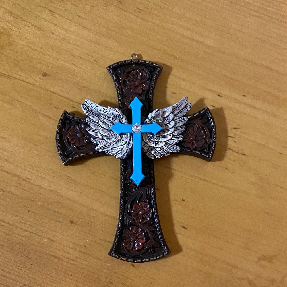 Winged Cross Pendant with Blue Accent